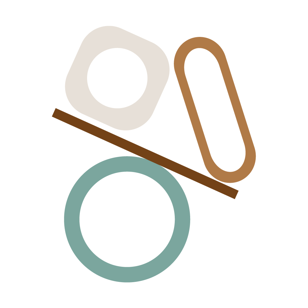 Graphic with dark green, light grey, ochre, and dark brown shapes