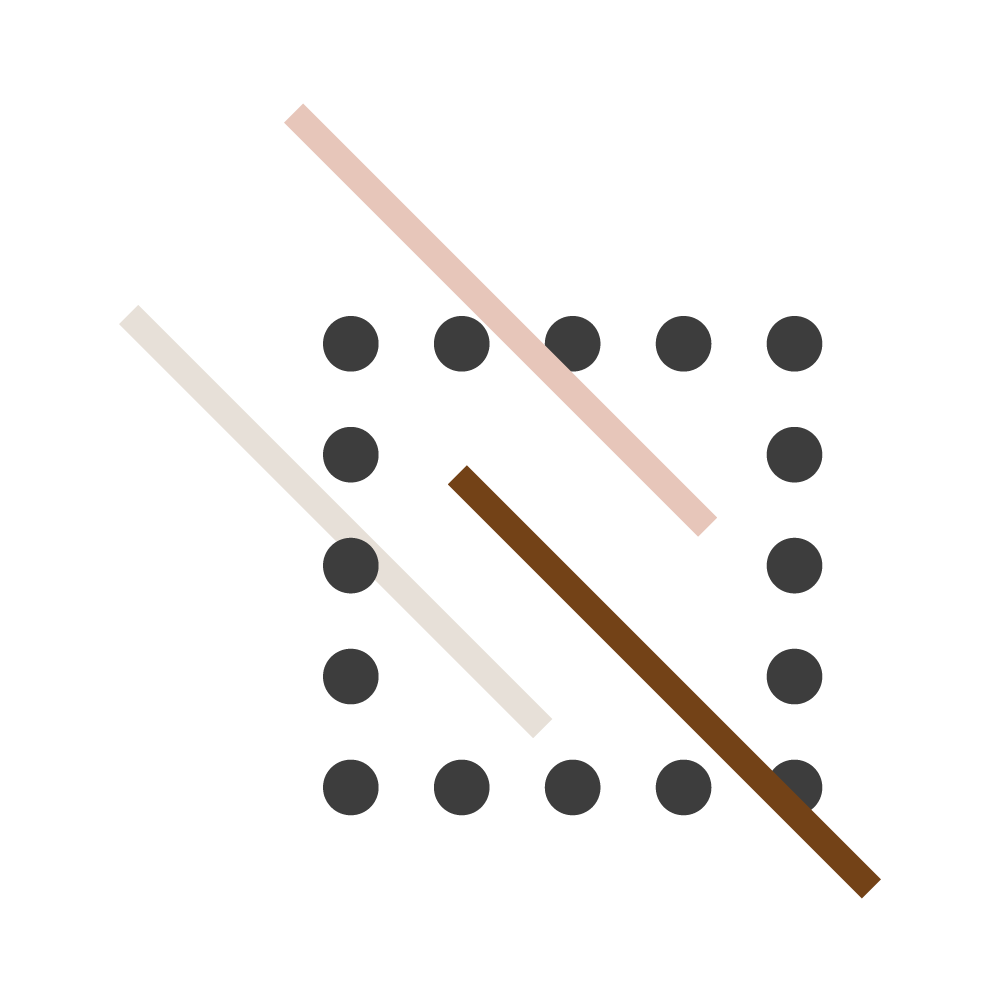 Graphic with black, light pink, dark brown, and light grey shapes