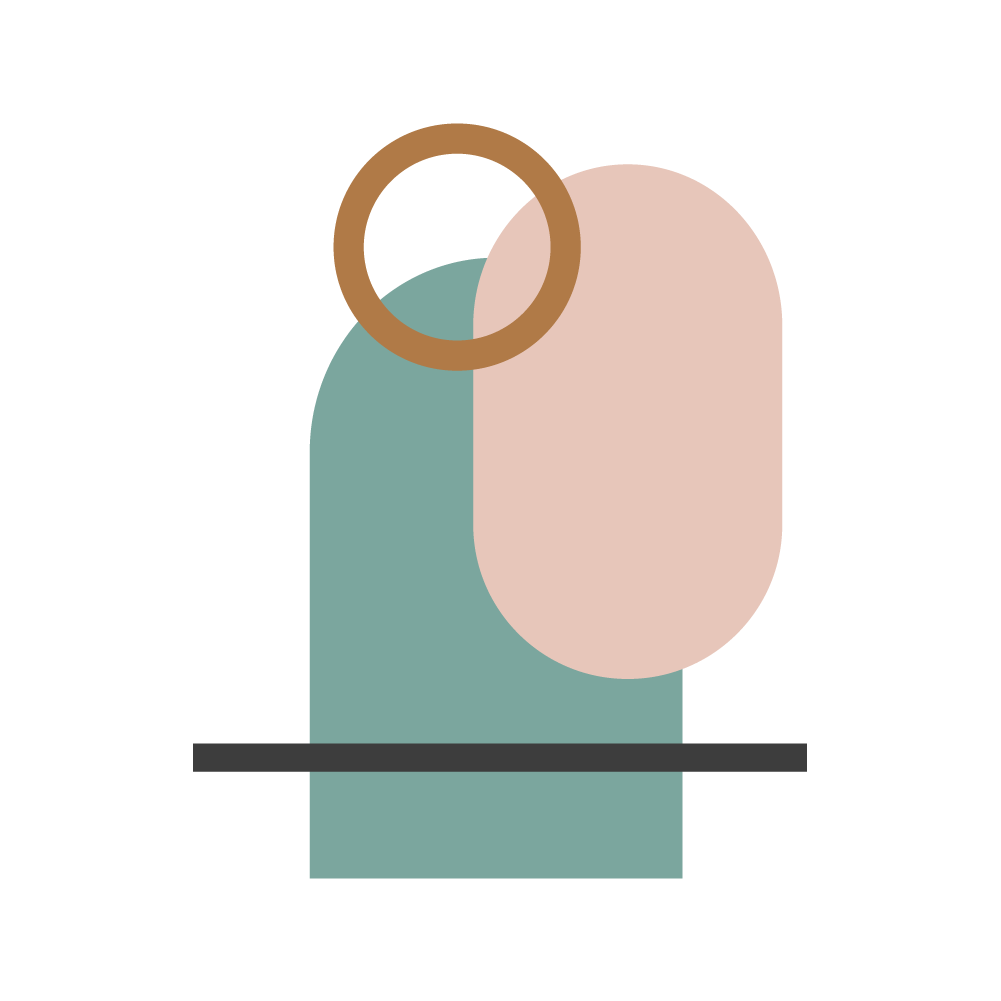 Graphic with dark brown, light green, and ochre shapes