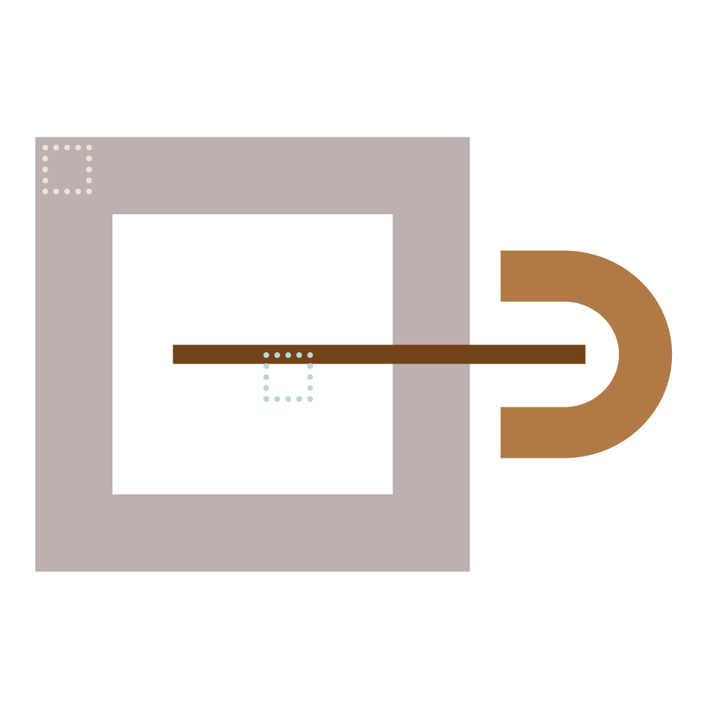 Graphic with dark brown, light grey, ochre, and light green shapes