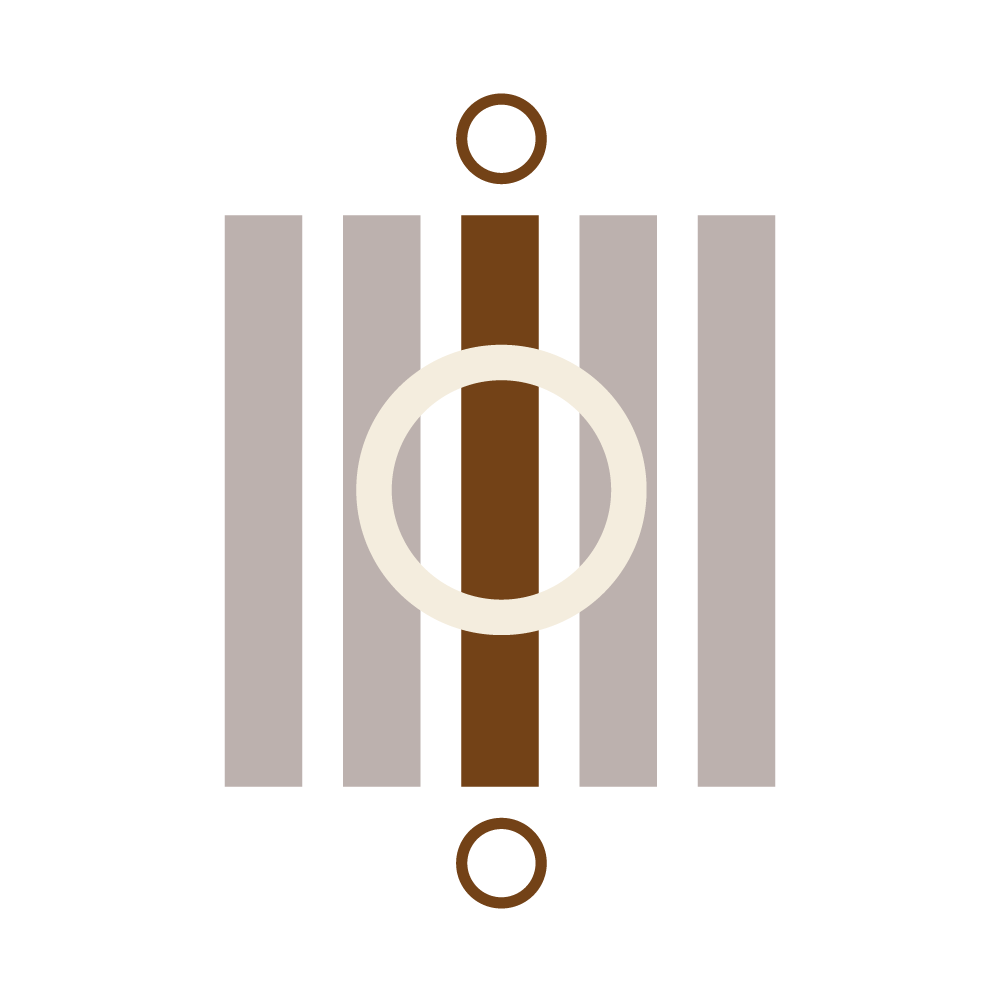Graphic with light grey, dark brown, and light beige shapes