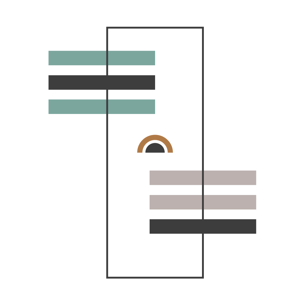 Graphic of the translation process using black, dark green, octre, and light grey shapes