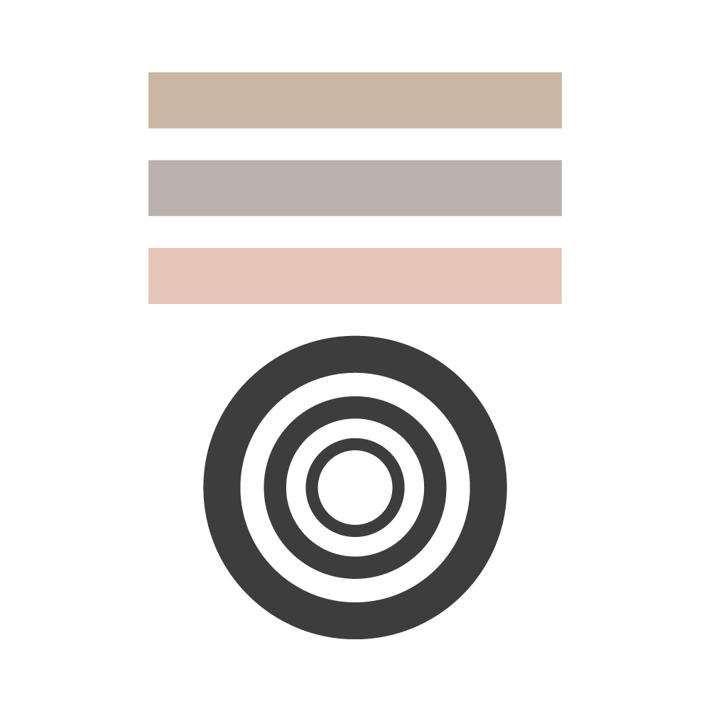 Graphic of a certification seal using black, light pink, beige, and light grey shapes