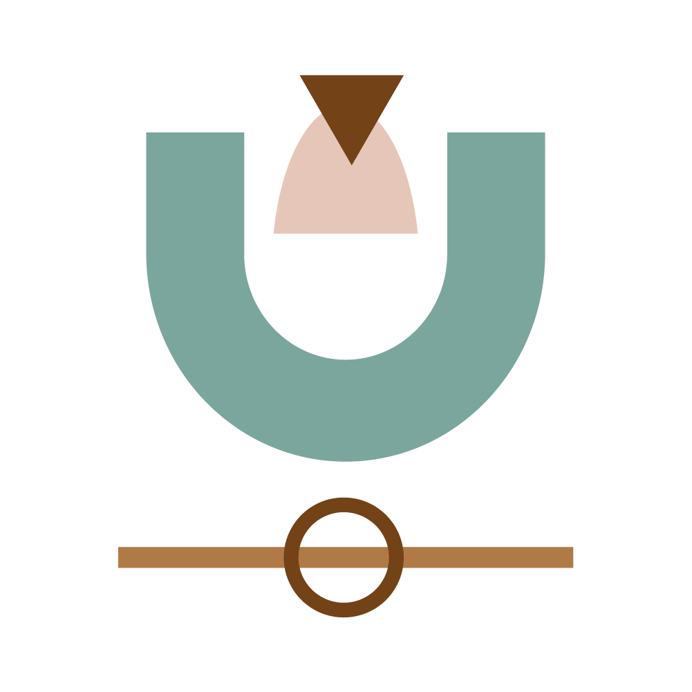 Graphic of multiple shapes kept in balance using dark green, light pink, ochre, and dark brown shapes