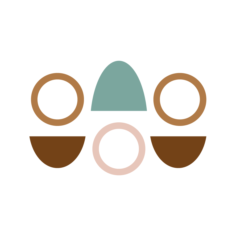 Graphic of three half circles and three rings arranged in two rows using dark brown, light green, light pink, and ochre shapes