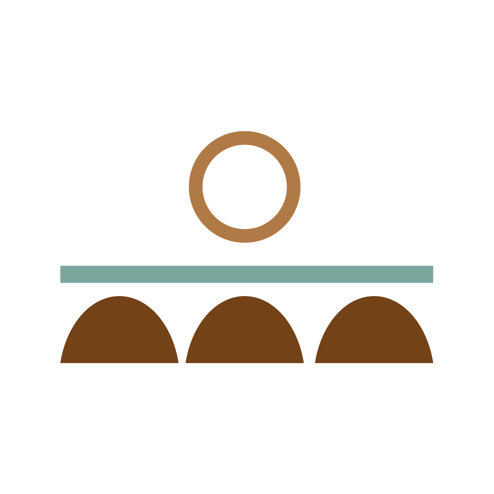 Graphic of dark brown half circles, a light green line, and an ochre ring neatly arranged